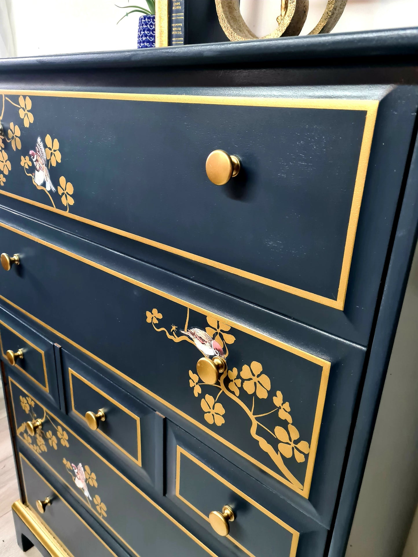 Nay and gold stag minstrel tall boy chest of drawers