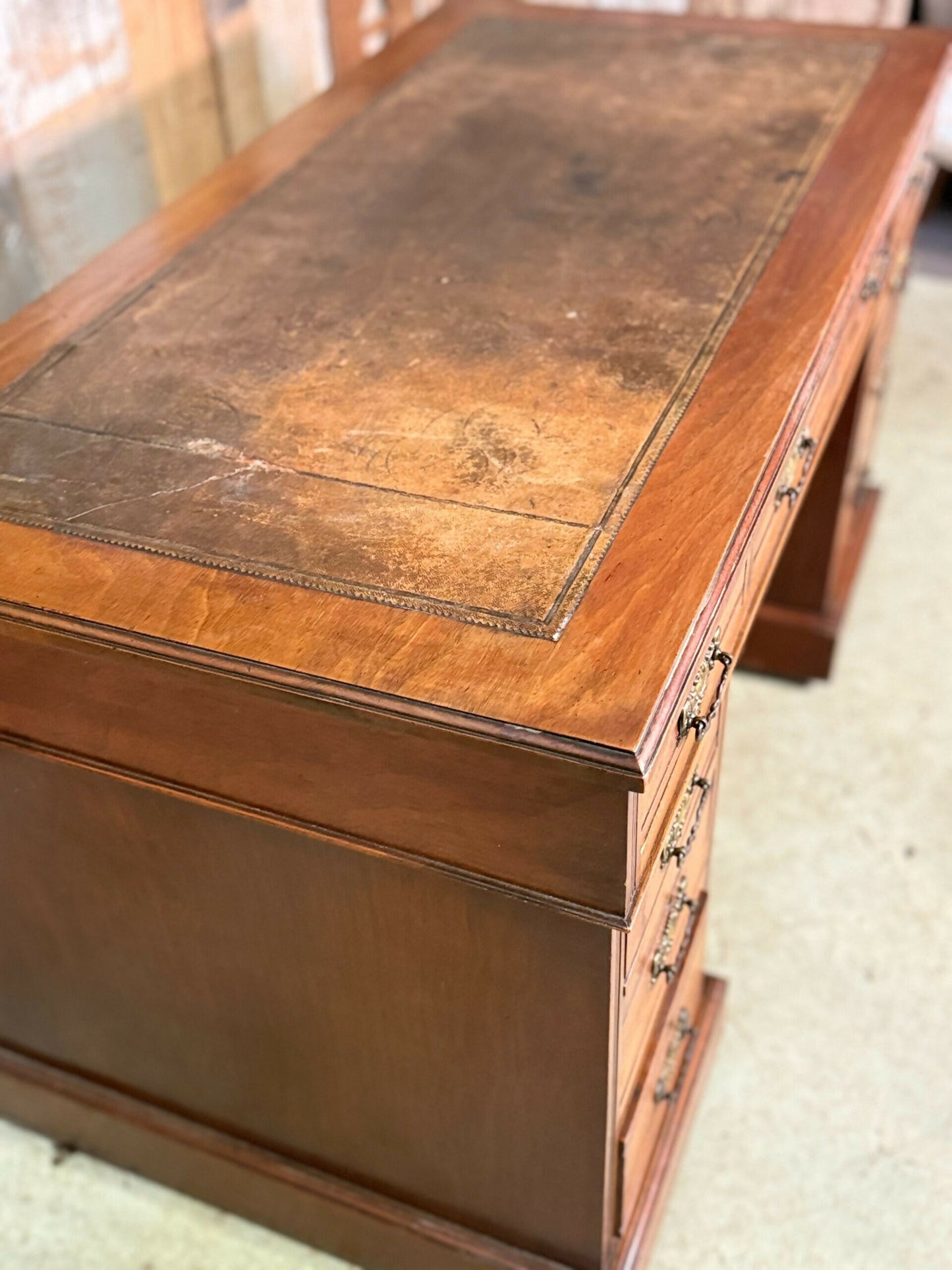 Antique Mid Victorian Walnut and Mahogany Embossed Leather Twin Pedestal Writing Desk, c.1860