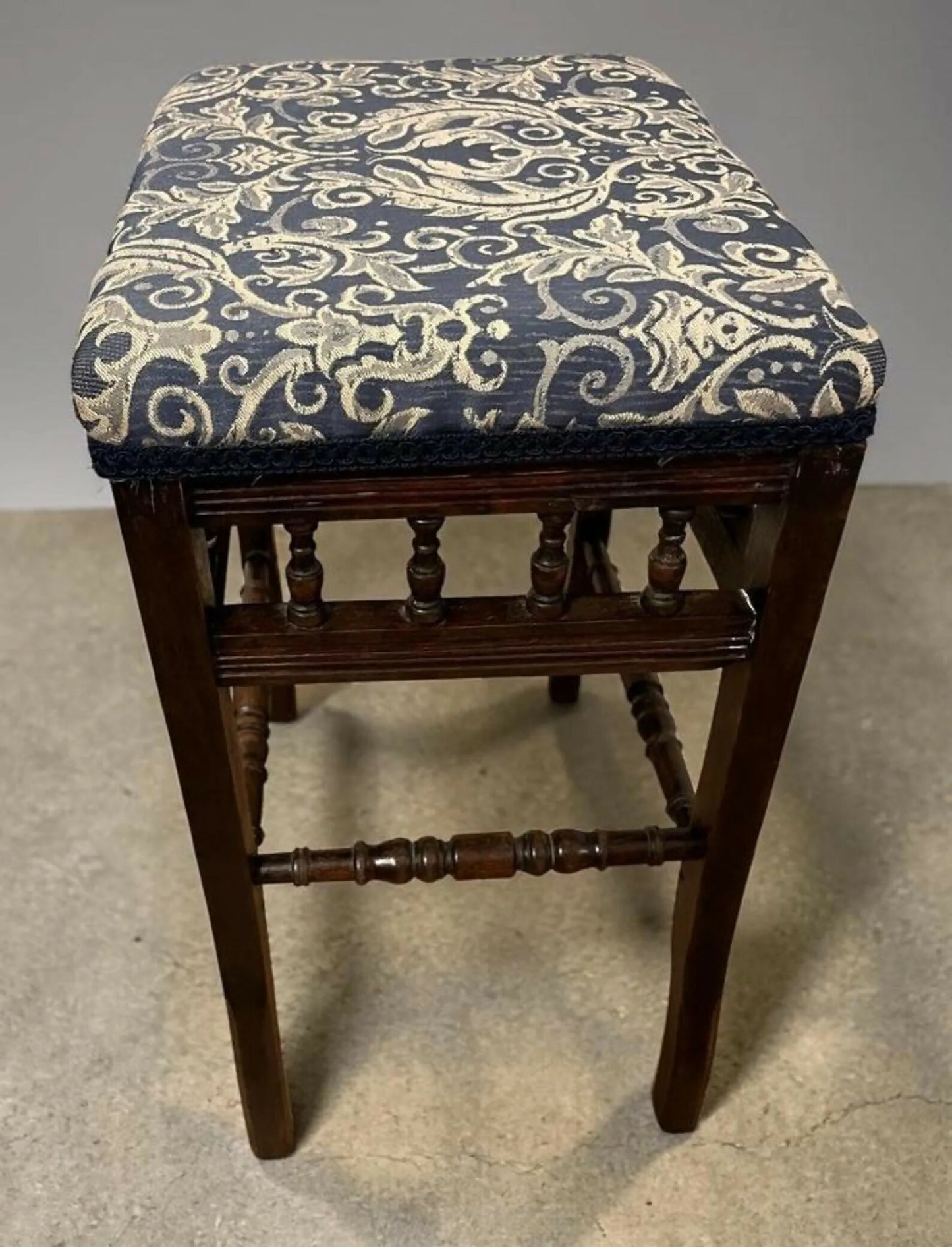 Vintage Upholstered Stool Wooden Frame Turned Legs Spindle Detail 54cm Height