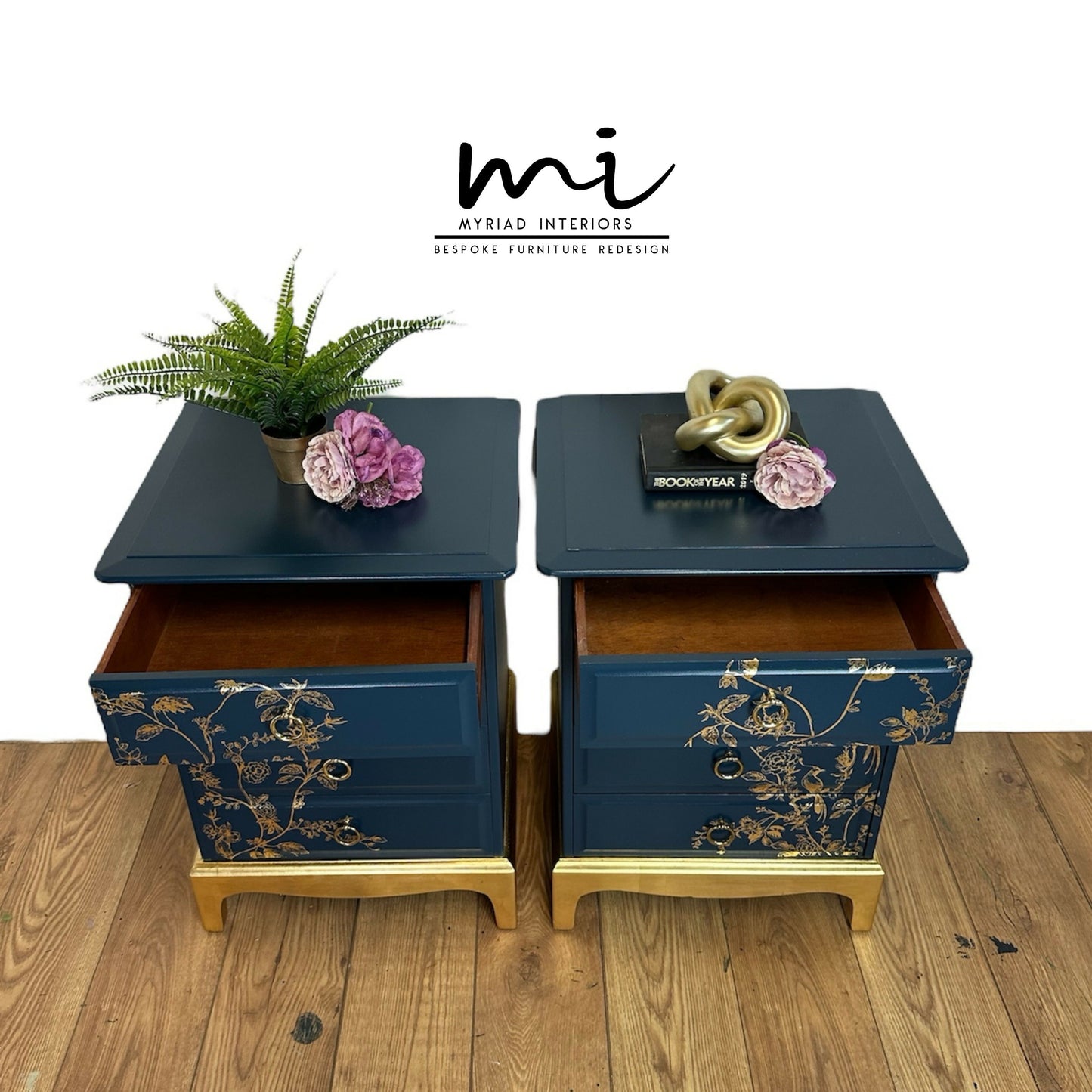 MADE TO ORDER Pretty Refurbished Stag Minstrel 4 drawer bedside tables, navy blue with gold foil design, bird song, nightstands, vintage, blossom art deco