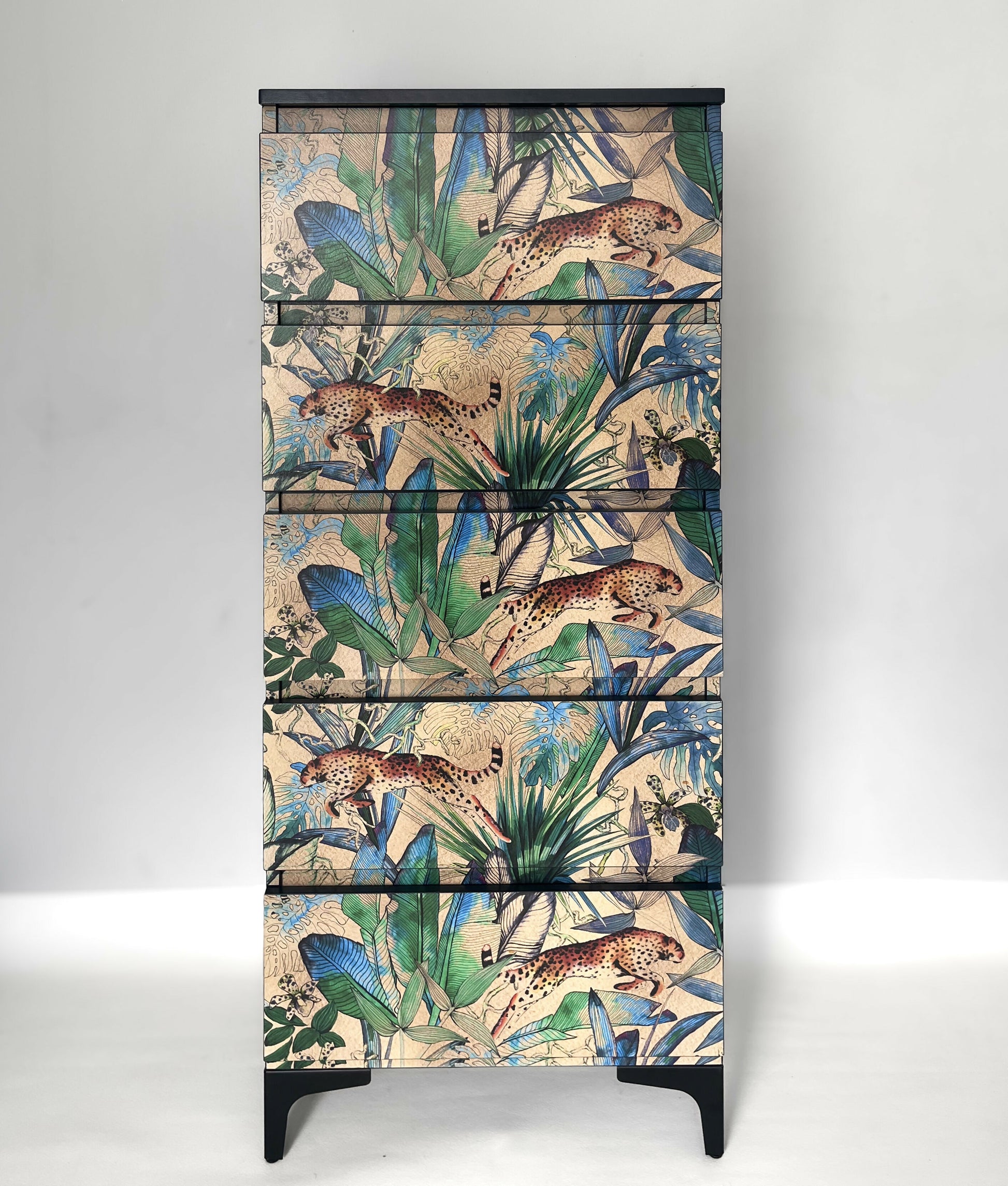modern style 5 drawer Tallboy chest of drawers decorated colourful leave and leopartdd design