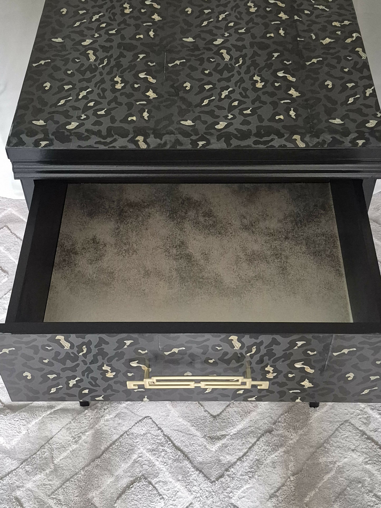 Luxe Black & Gold upcycled Leopard Print Bedside Tables | Art Deco Glam