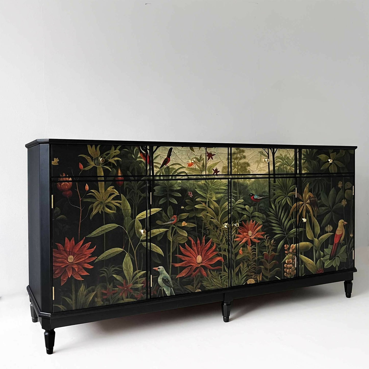 Vintage Strongbow sideboard painted black and front decorated with jungle design