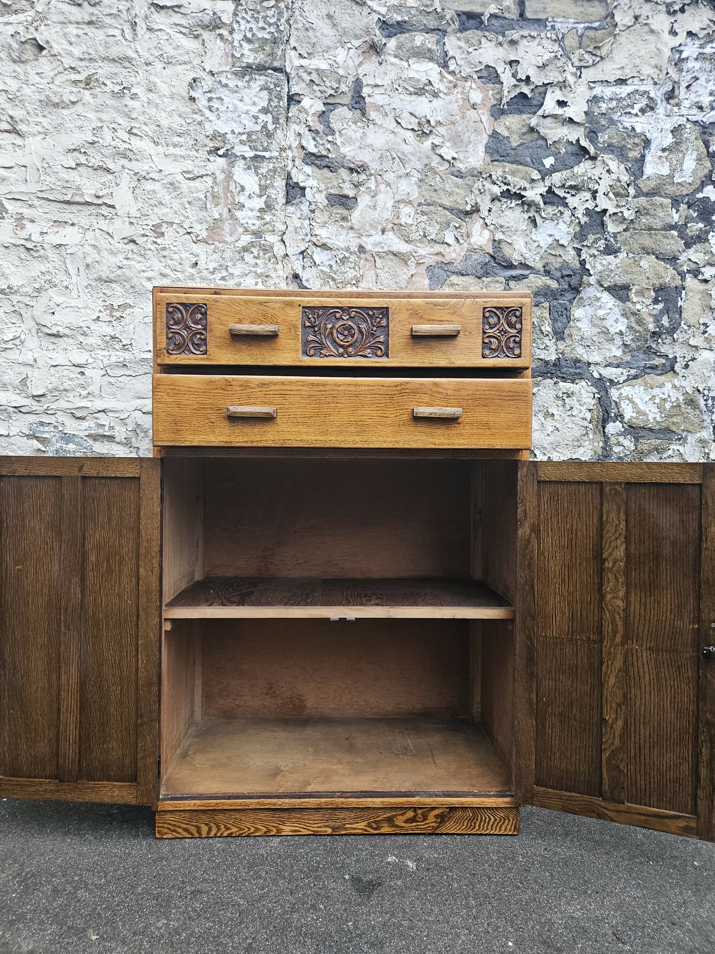 Vintage Oak Tallboy With Two Drawers And Cupboard Super Detailing And Proportions