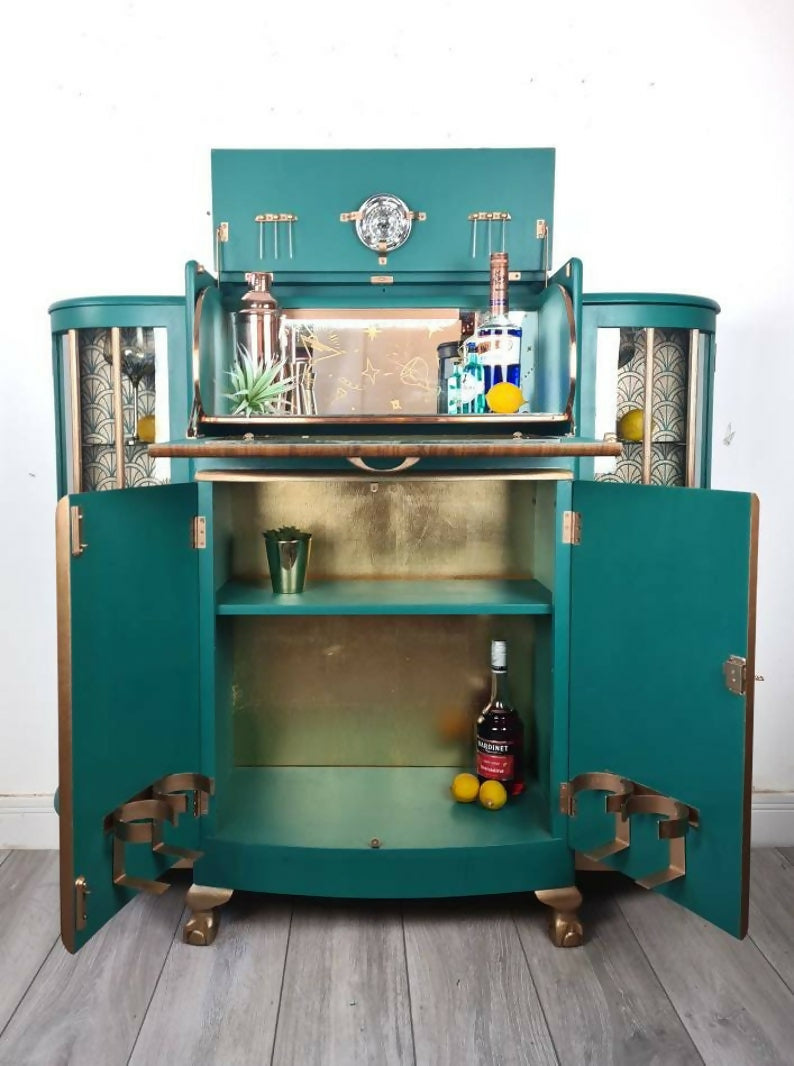 Large Art deco drinks cabinet, teal, cocktail cabinet, gin bar, vintage, retro, gin cabinet,statement,display cabinet