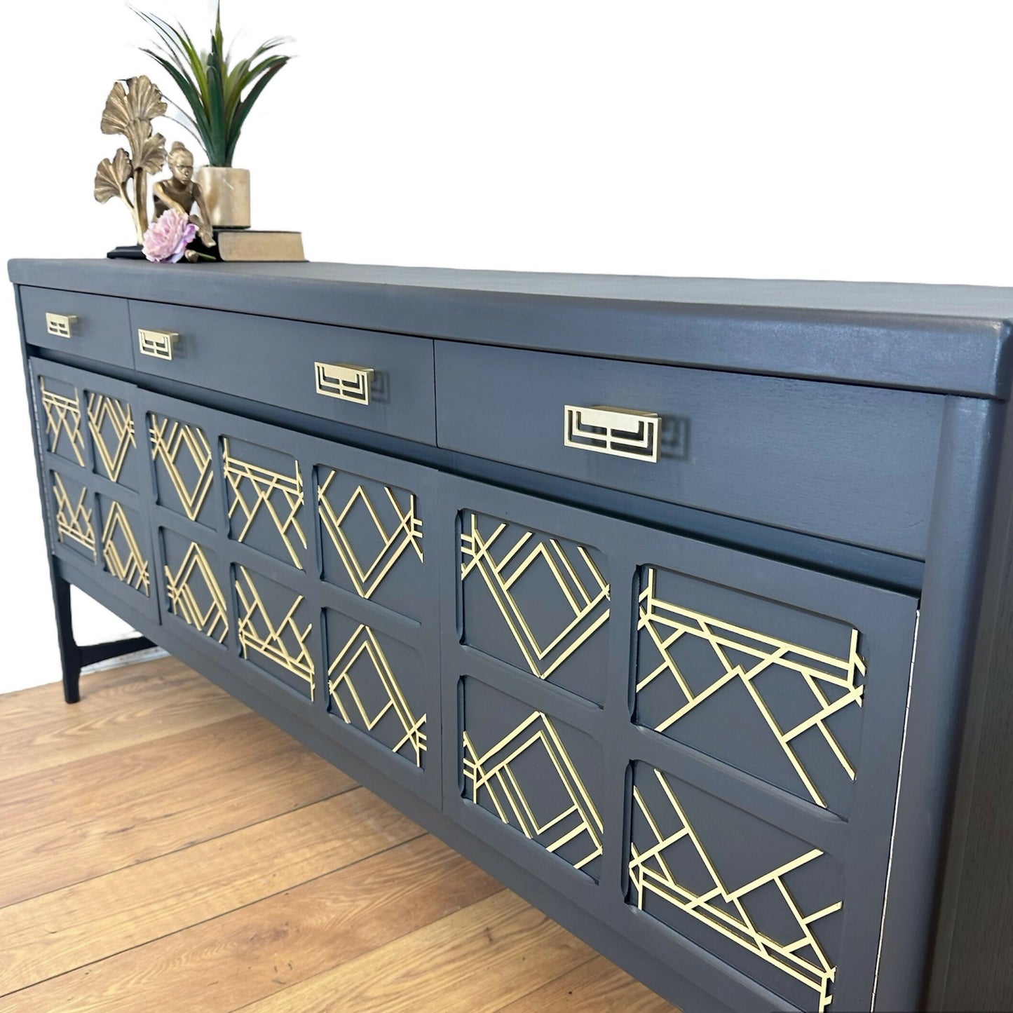 AVAILABLE NOW Large Nathan sideboard dark grey with gold art deco design, mid century drinks cabinet, cocktail cabinet, console, mid century, statement, refurbished