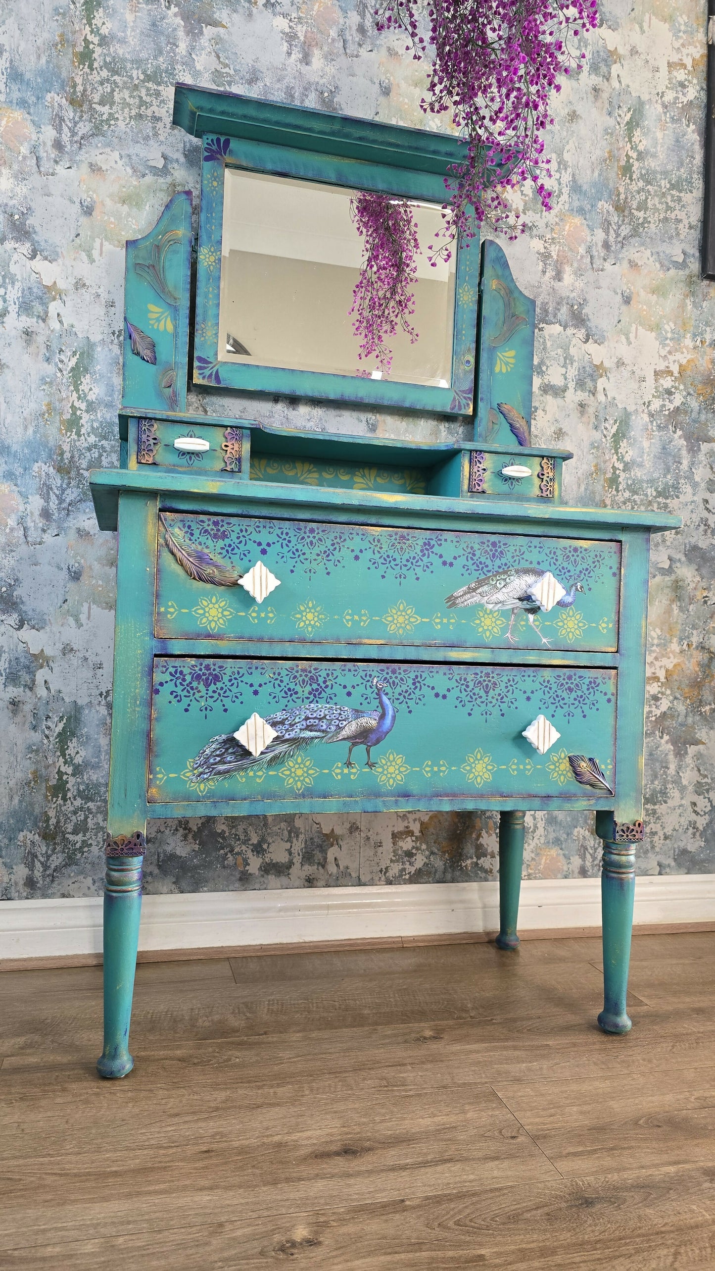Upcycled peacock design dressing table