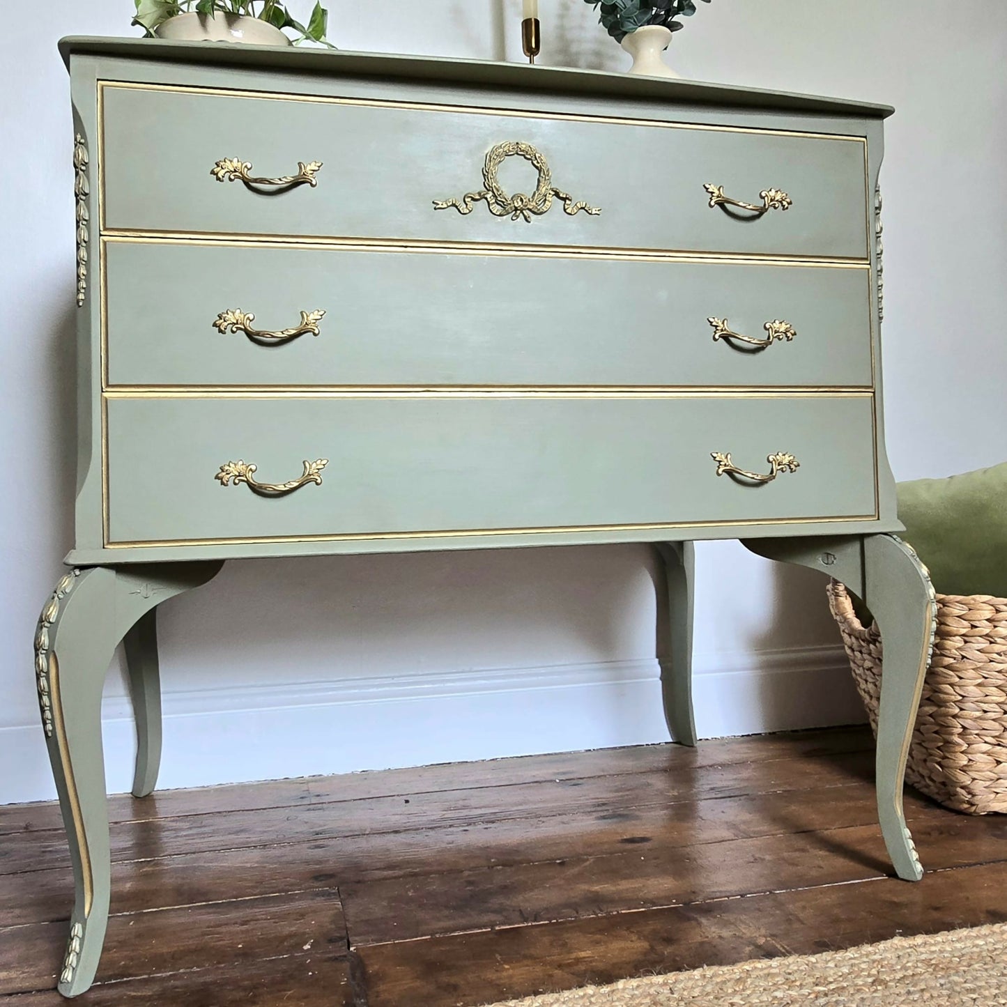 Vintage Louis Style Olympus Chest of Drawers | Upcycled in Sage Green & Gold