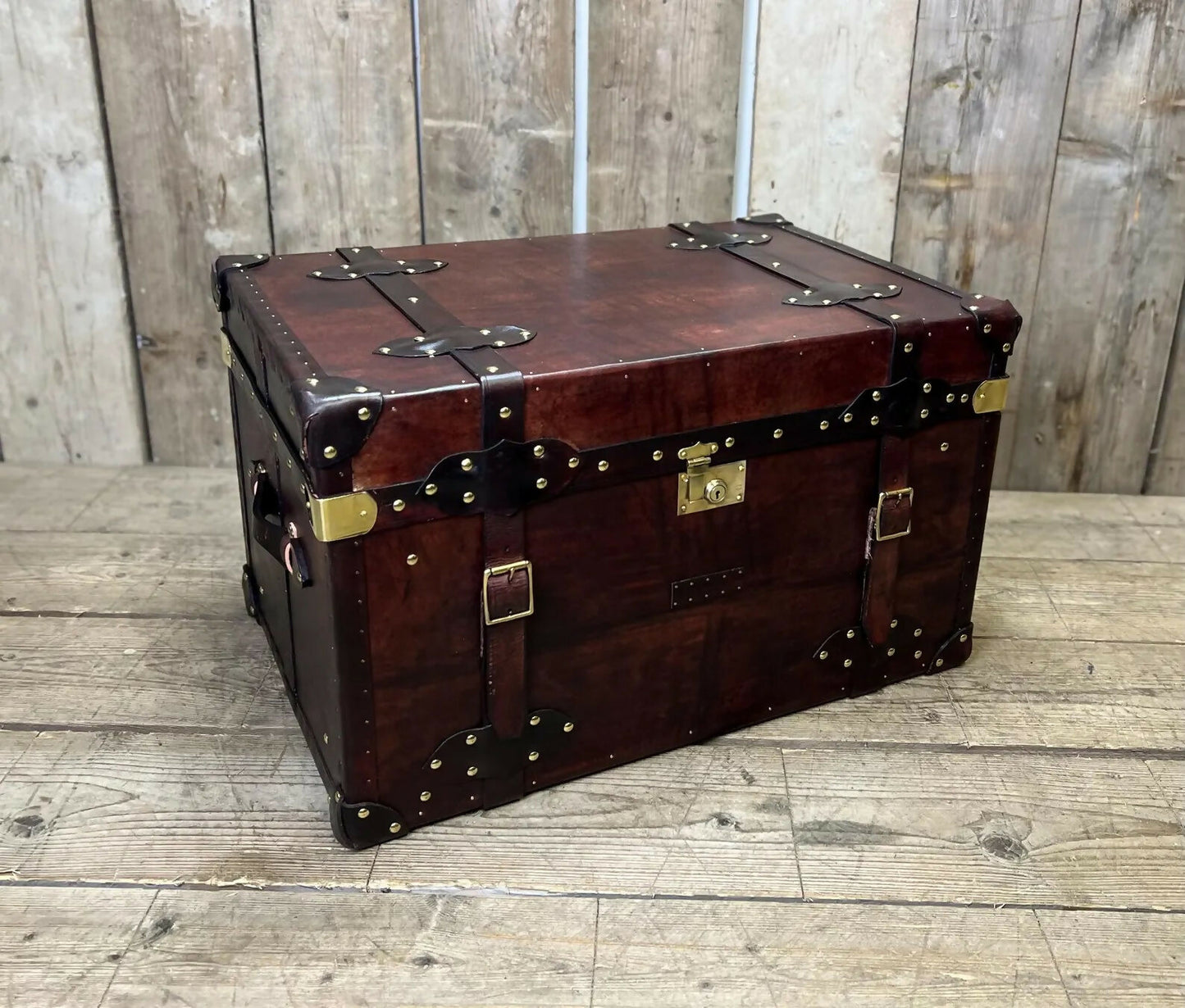 Genuine Bridle Leather Hand Dyed Belted Chestnut Brown Coffee Table Trunk