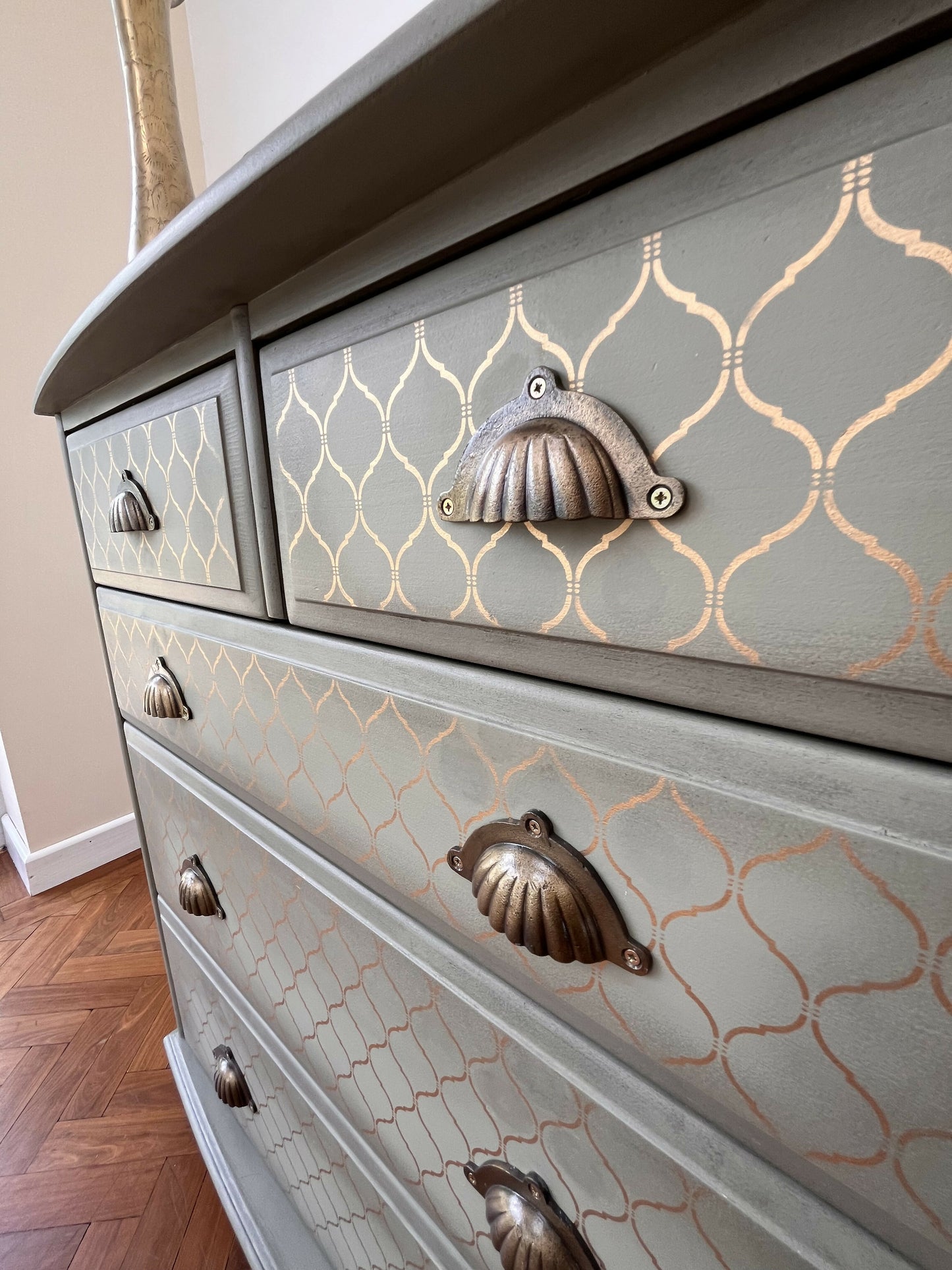 Vintage Pine Chest of Drawers Hand Painted in Green and Gold