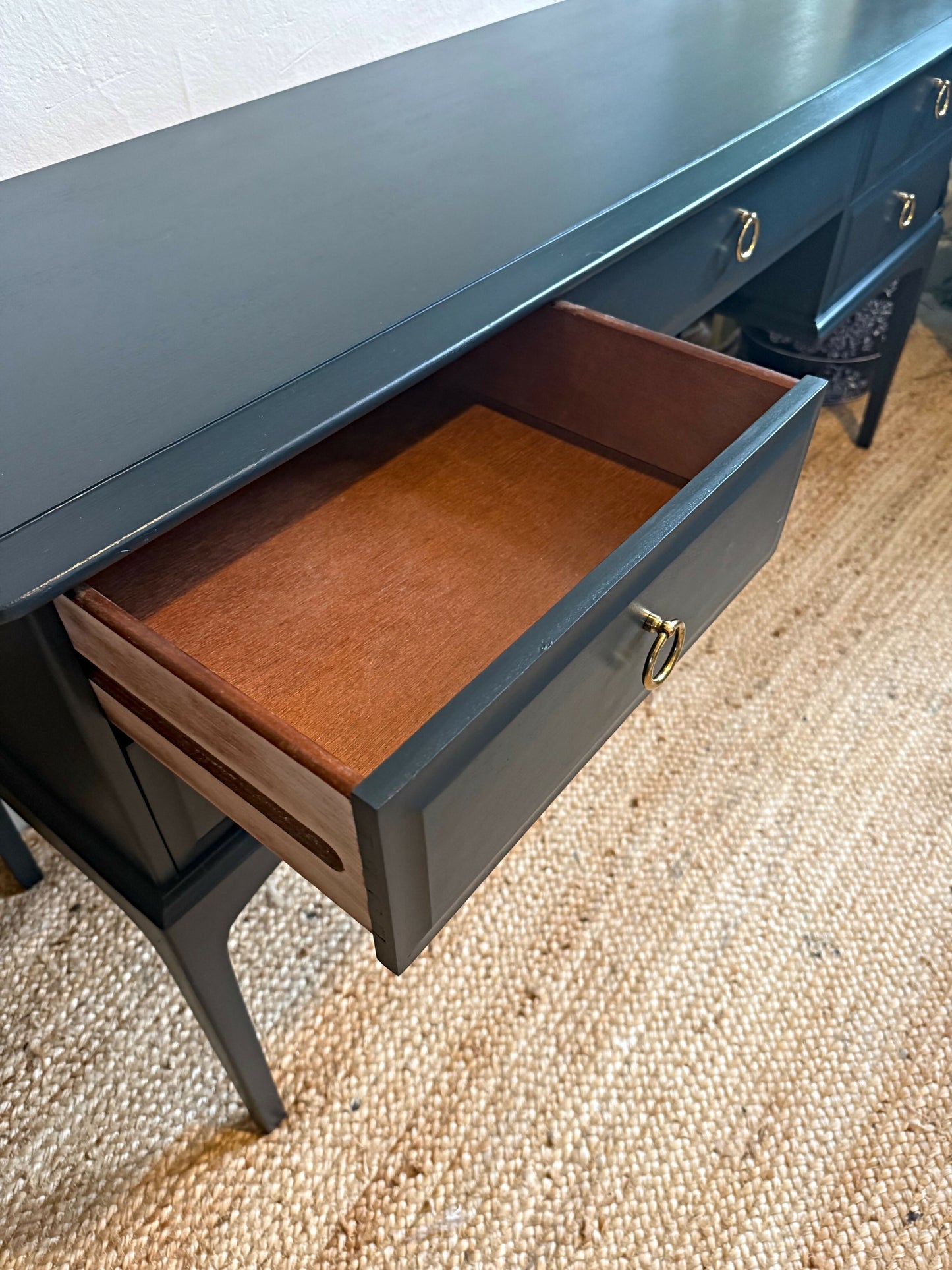 Newly refurbished Stag console table blue vintage sideboard dressing table desk