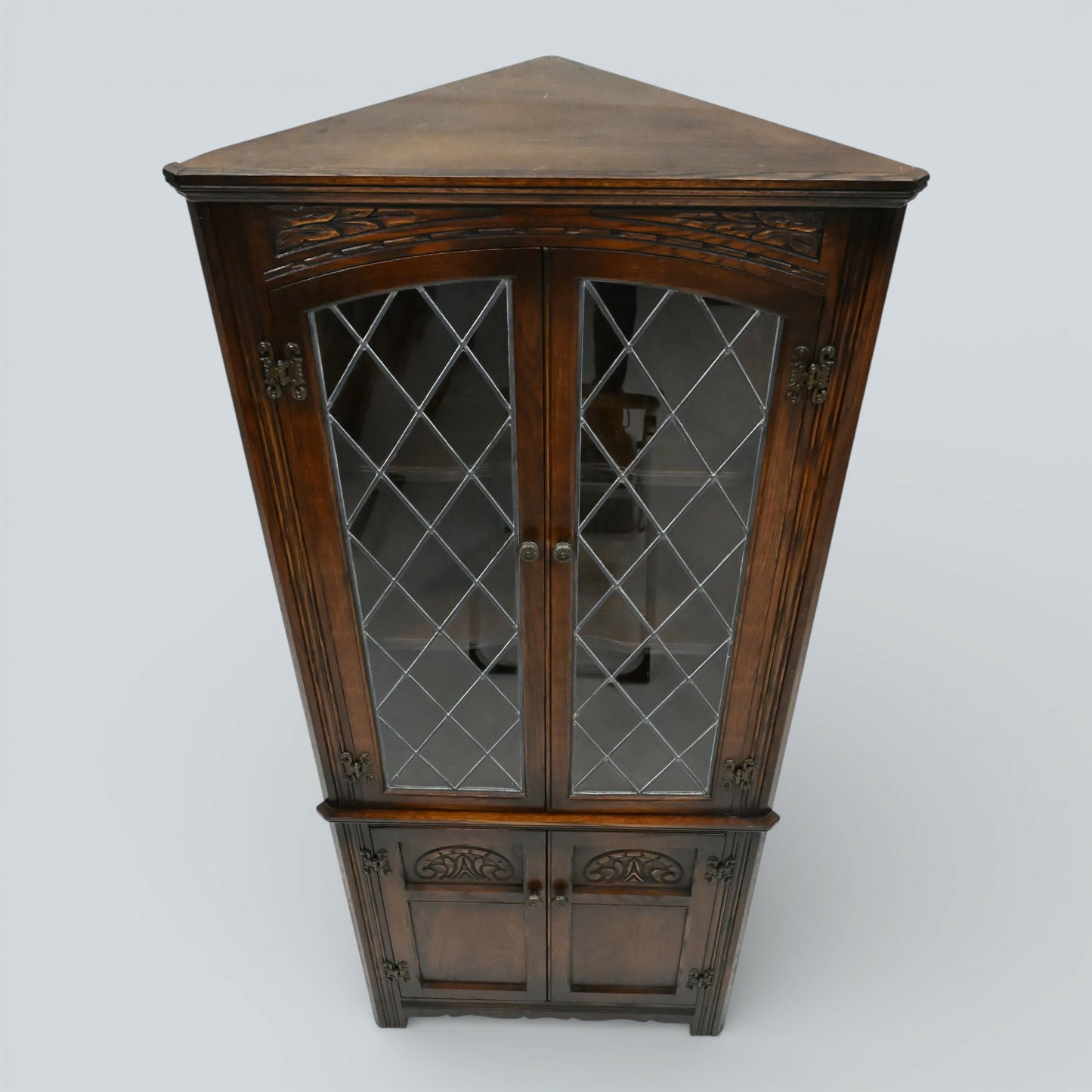 Old Charm Corner Display Cabinet Leaded Glass Doors Tudor Brown FREE UK Delivery