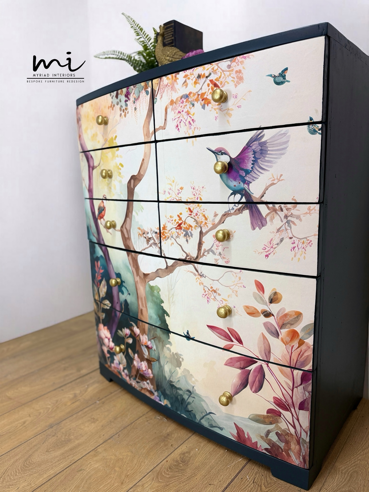Beautiful watercolour floral mural extra large chest of drawers in a deep teal navy blue. Solid wood, botanical sideboard