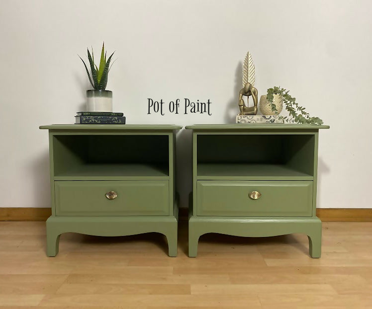 Pair of Stag 1 drawer, Sepal Green bedsides tables