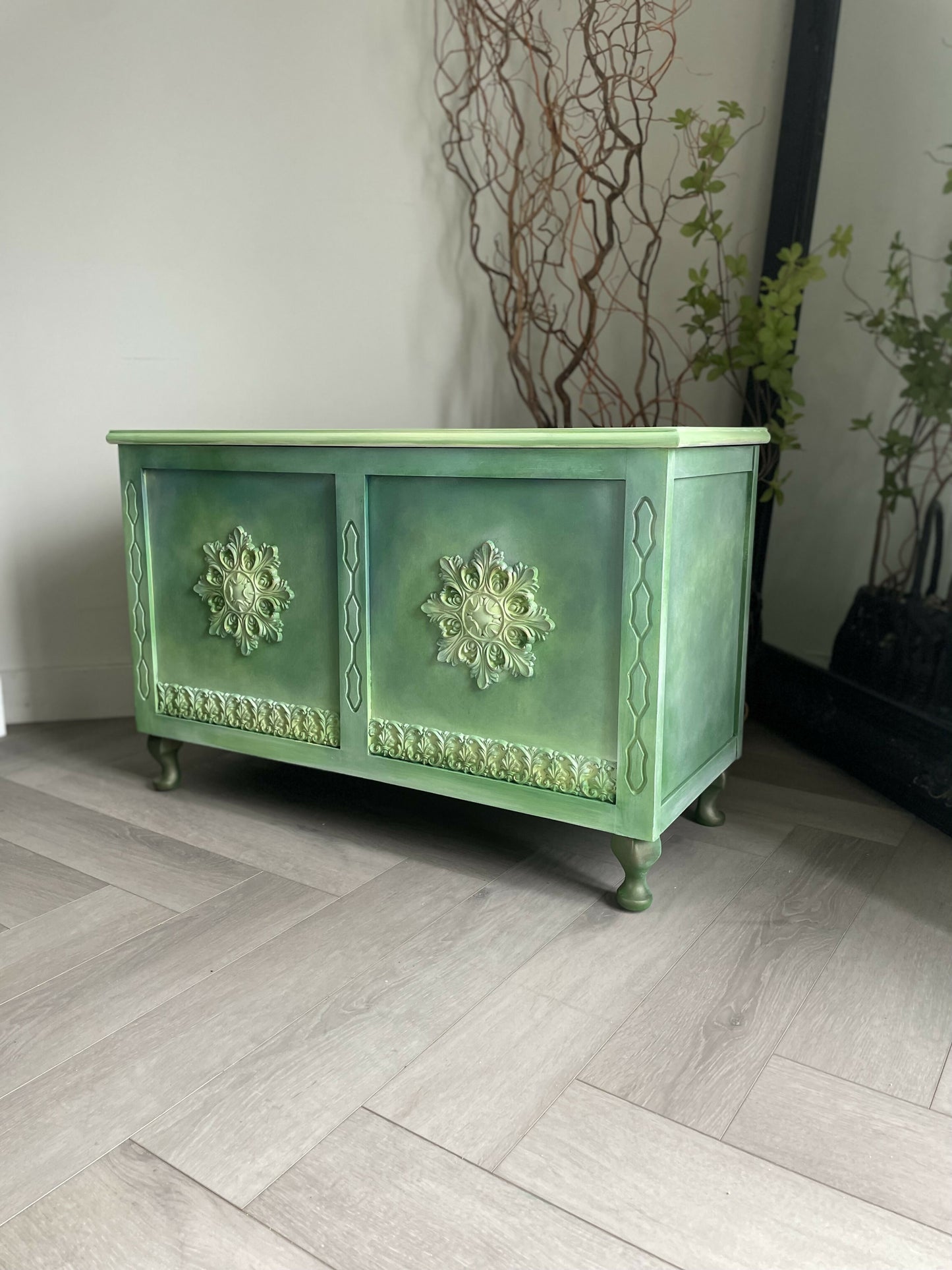 Vintage blanket box, hand painted green, boho