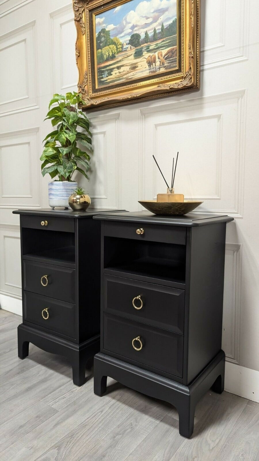 Black Stag Minstrel Pair Of 2 Drawer Narrow Bedside Tables