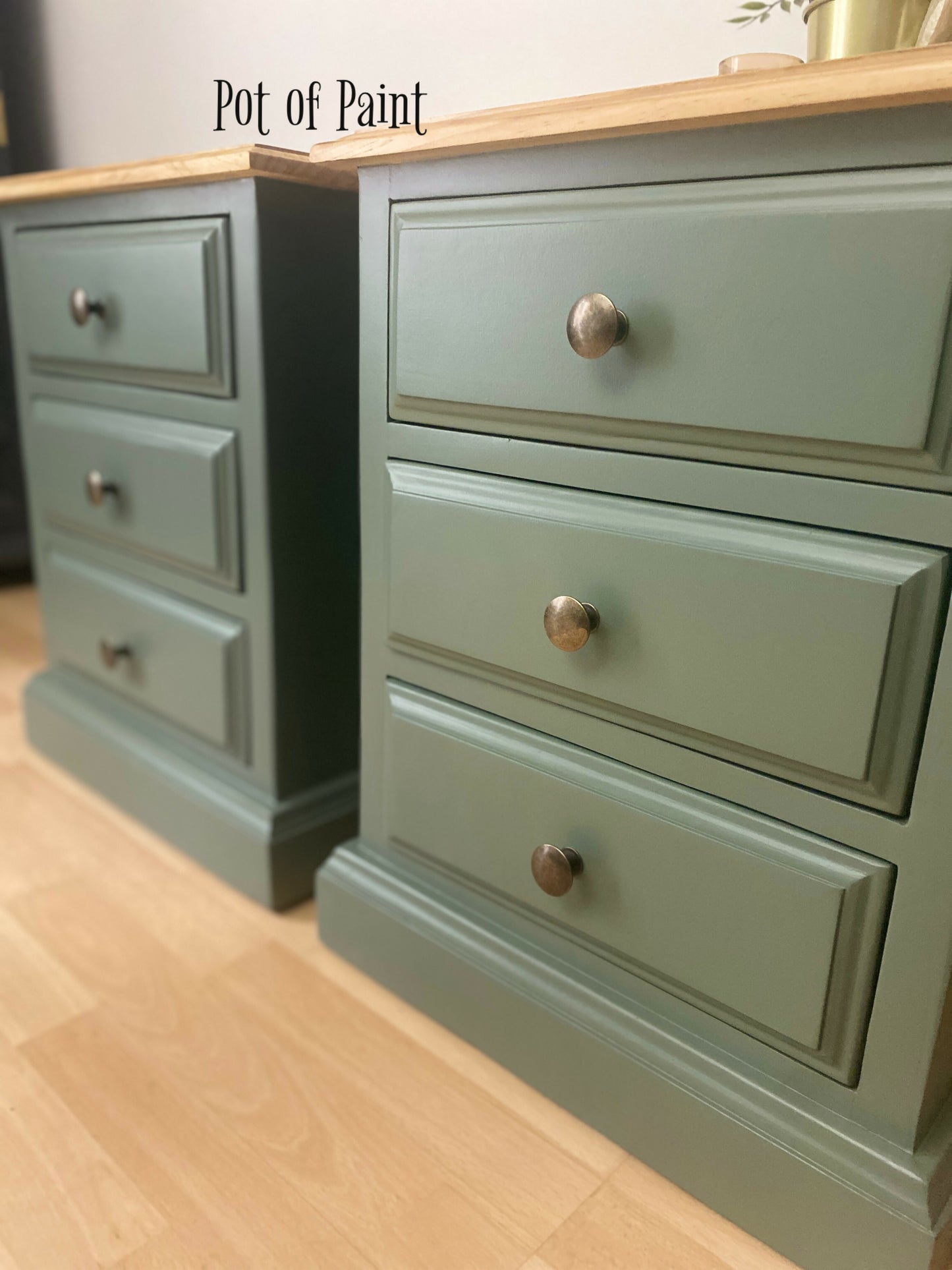 *****SOLD****Pair of Smoke Green Bedside Tables / cabinets