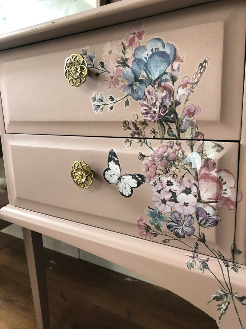 Vintage stag minstre pink floral dressing table, vanity table, pink, pink furniture, bedroom furniture, modern,mirror,stool,