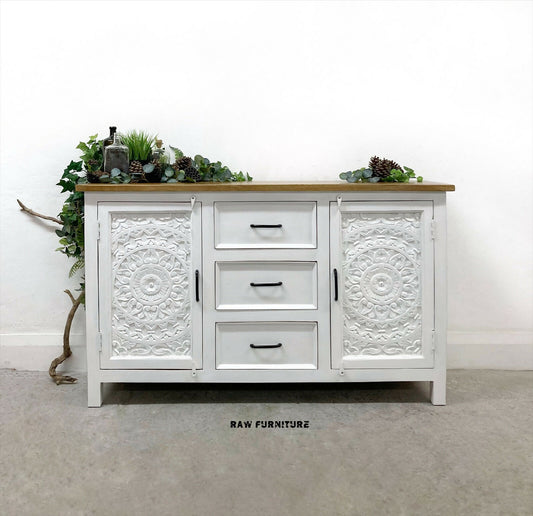 CARVED INDIAN SIDEBOARD. WHITE SIDEBOARD