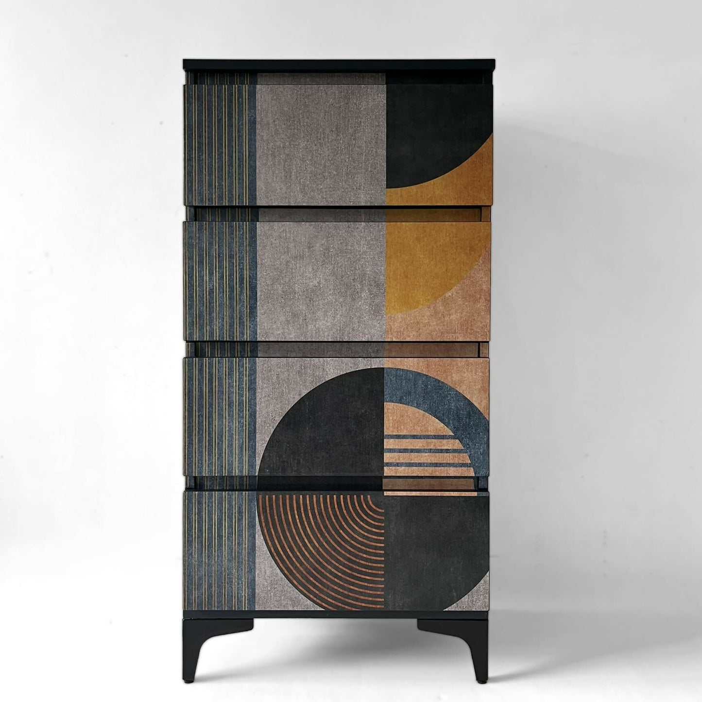 modern shallow chest of drawers, dcorated textured abstract pattern