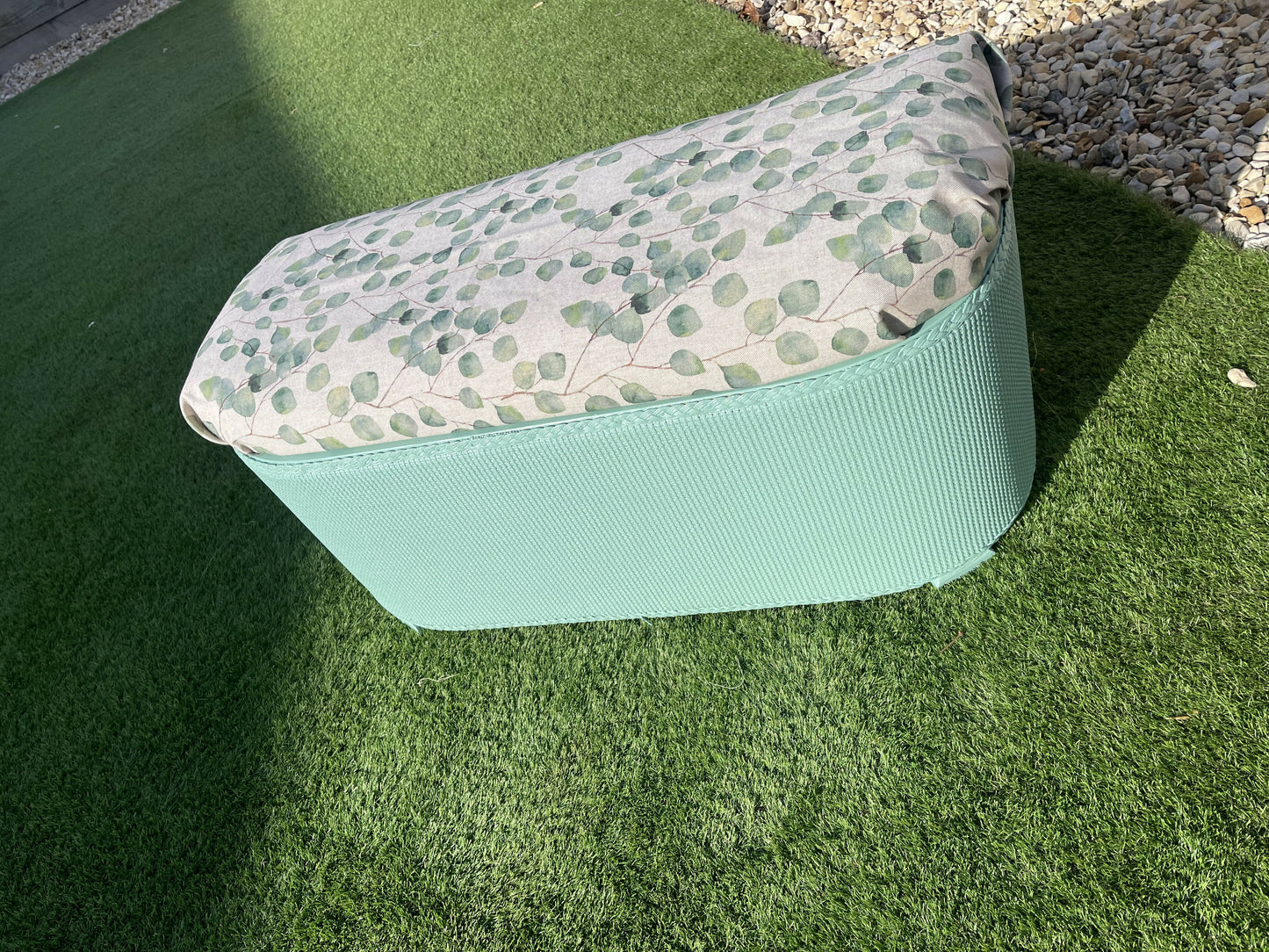 beautiful green repainted mid century storage seat/ ottoman. You choose the fabric from select given.