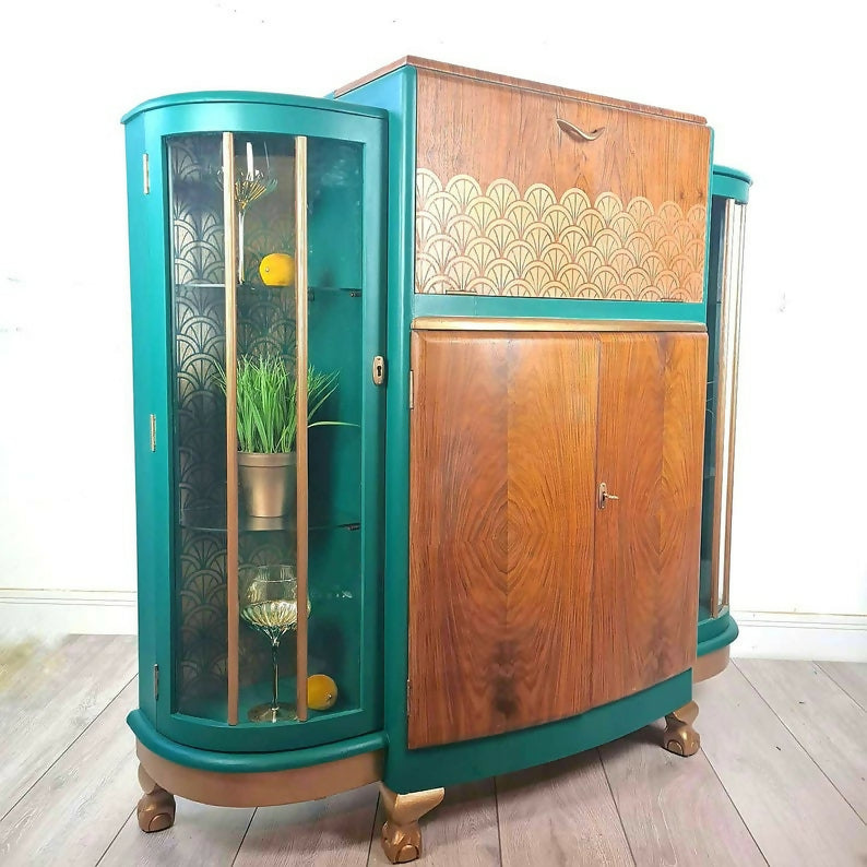 Large Art deco drinks cabinet, teal, cocktail cabinet, gin bar, vintage, retro, gin cabinet,statement,display cabinet