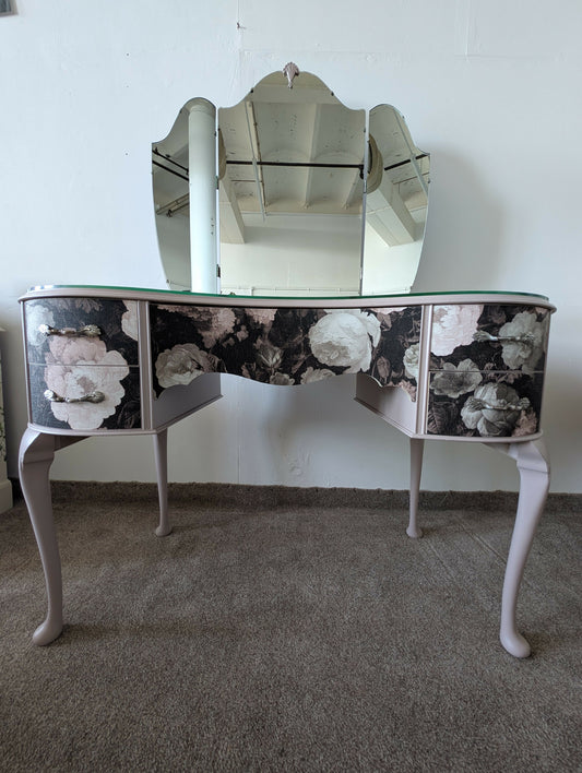 1940s Wrighton Dressing Table & Matching Bedside Cabinets | Vintage Painted Bedroom Set with Triple Mirrors and Glass Top