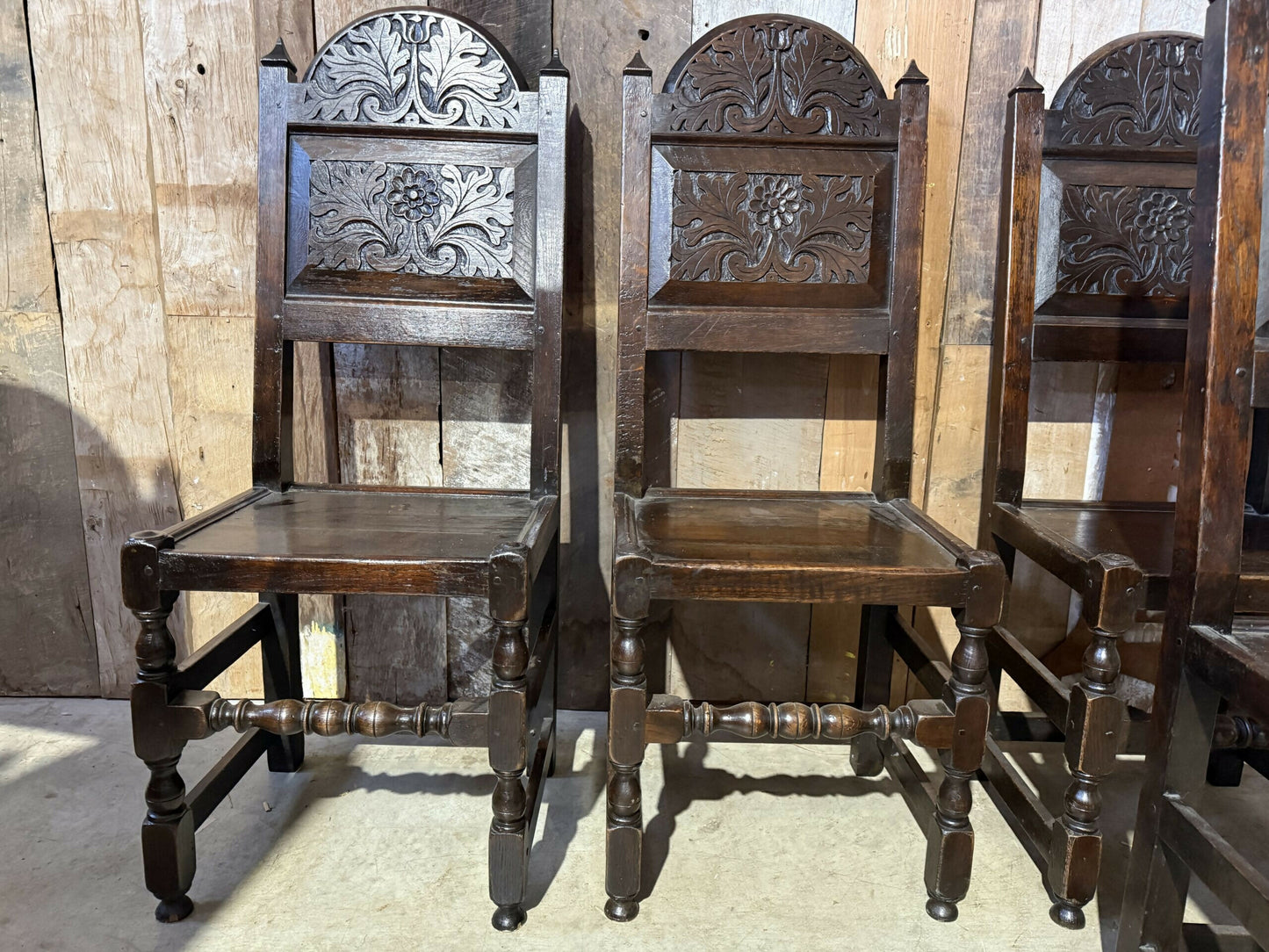 Antique Set Six 6 Oak Cromwellian Revival High Back Carved Edwardian Dining Chairs, c1920