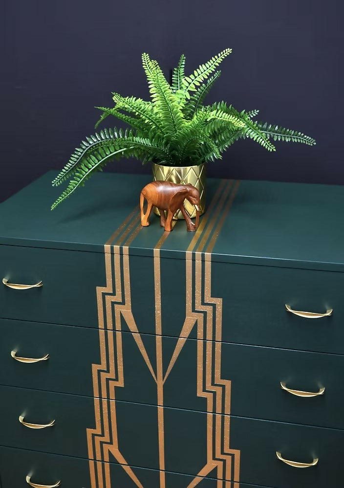 Mid Century modern Drawers,Green and Gold Chest of Drawers.
