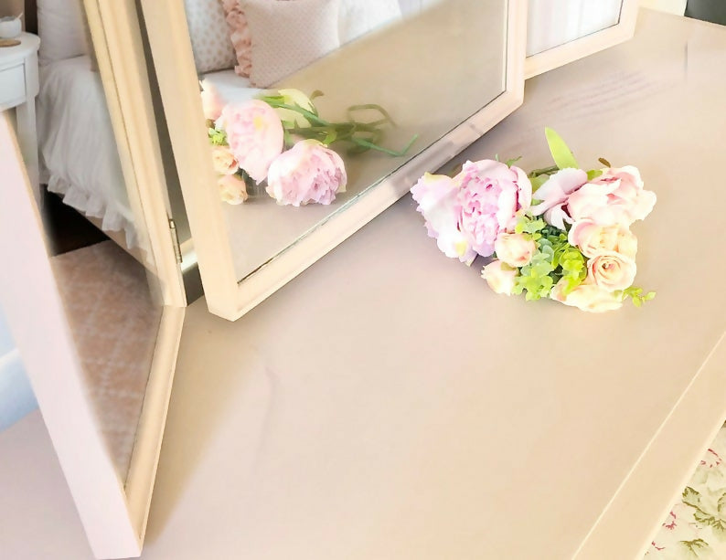 Vintage stag minstre pink floral dressing table, vanity table, pink, pink furniture, bedroom furniture, modern,mirror,stool,