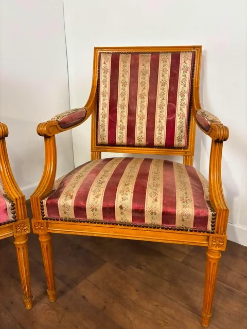Pair of French Louis XVI Style Upholstered Armchairs