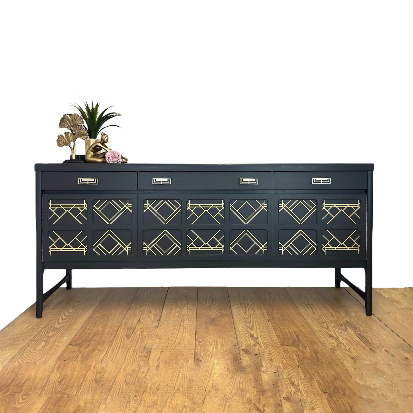 AVAILABLE NOW Large Nathan sideboard dark grey with gold art deco design, mid century drinks cabinet, cocktail cabinet, console, mid century, statement, refurbished