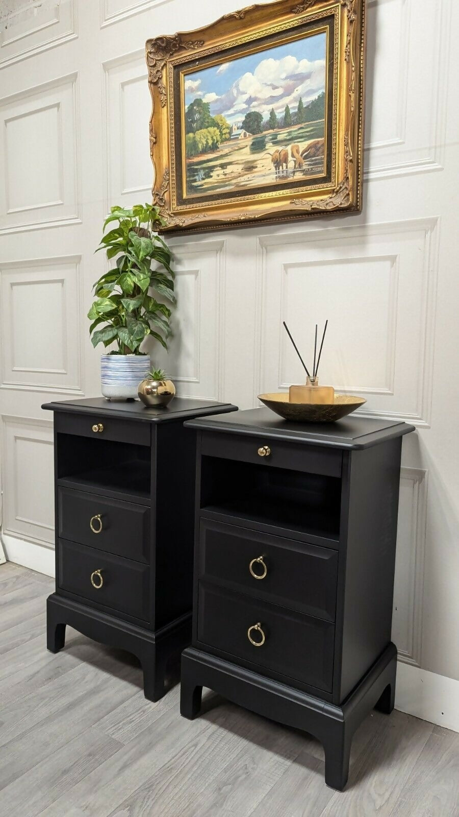 Black Stag Minstrel Pair Of 2 Drawer Narrow Bedside Tables