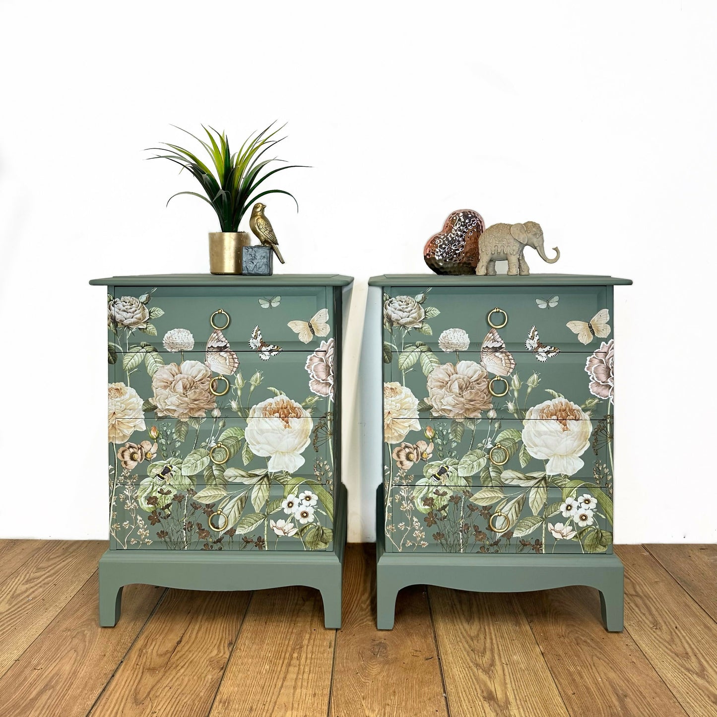 MADE TO ORDER Refurbished vintage Stag Minstrel bedside tables, dusky olive green with floral design, sage nightstands, chest of drawers Mid century
