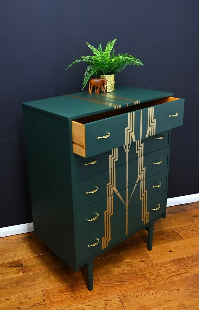 Mid Century modern Drawers,Green and Gold Chest of Drawers.