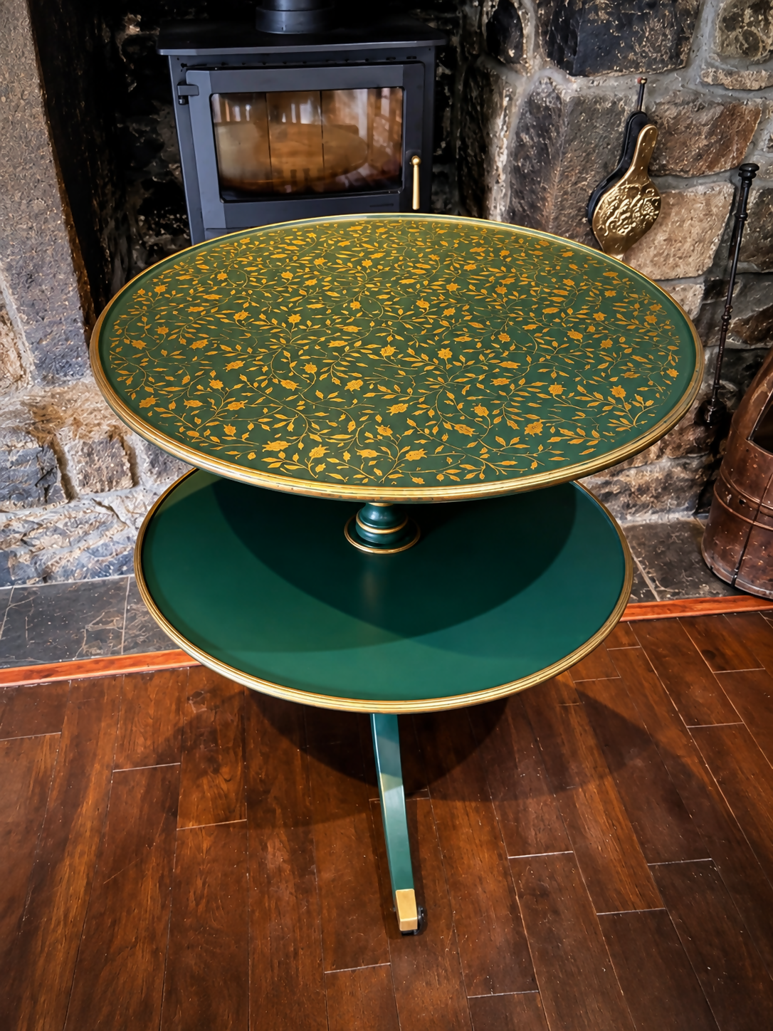 Vintage Two Tier Revolving Dumb Waiter Round Side Table In Green & Gold