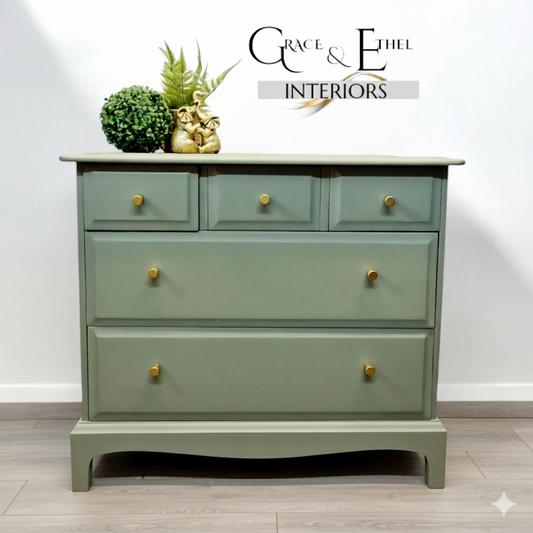 Stag minstrel 3 over 2 Green chest of drawers, over size bedside cabinet