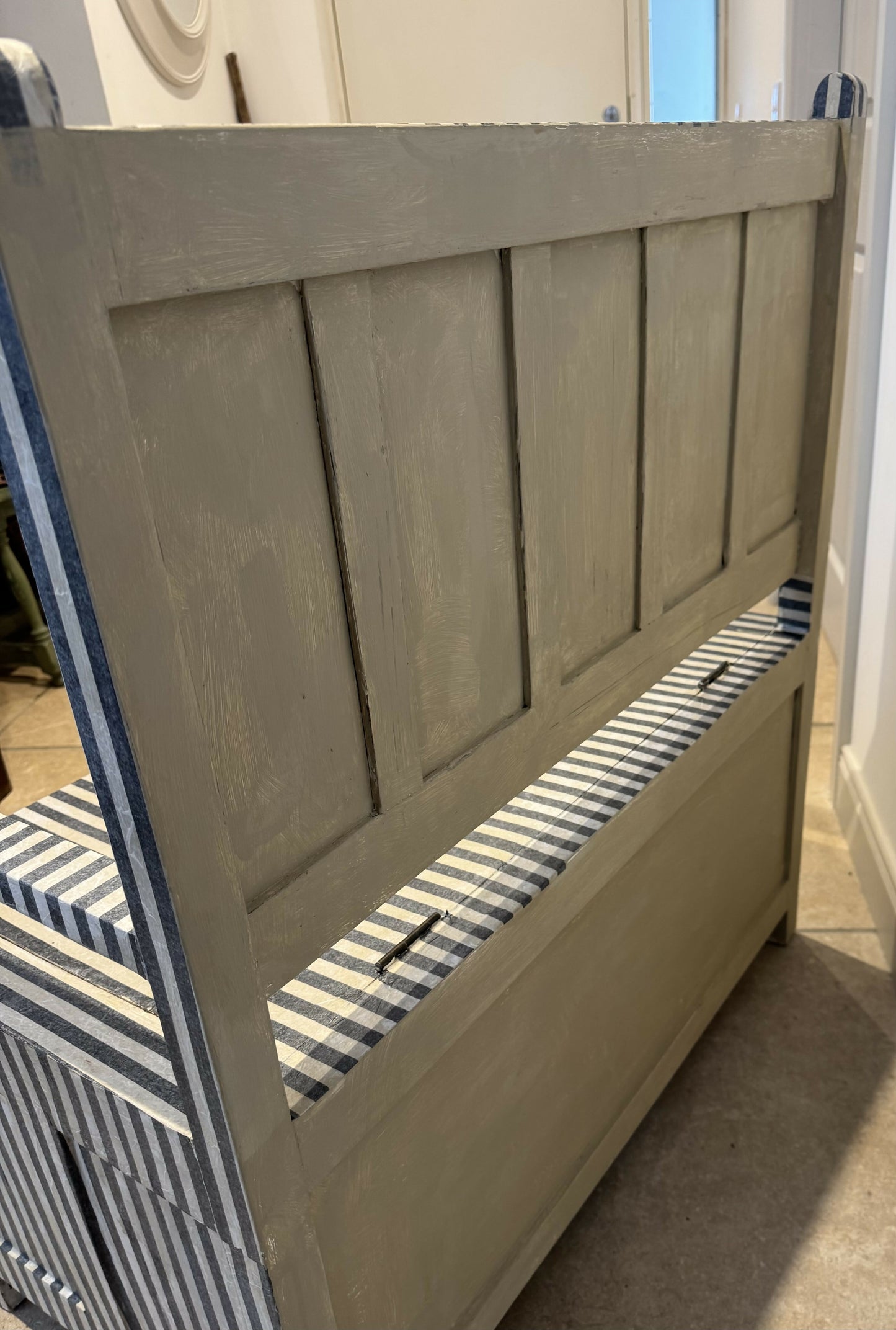 a stunning hand painted and decoupaged mahogany hall bench with storage