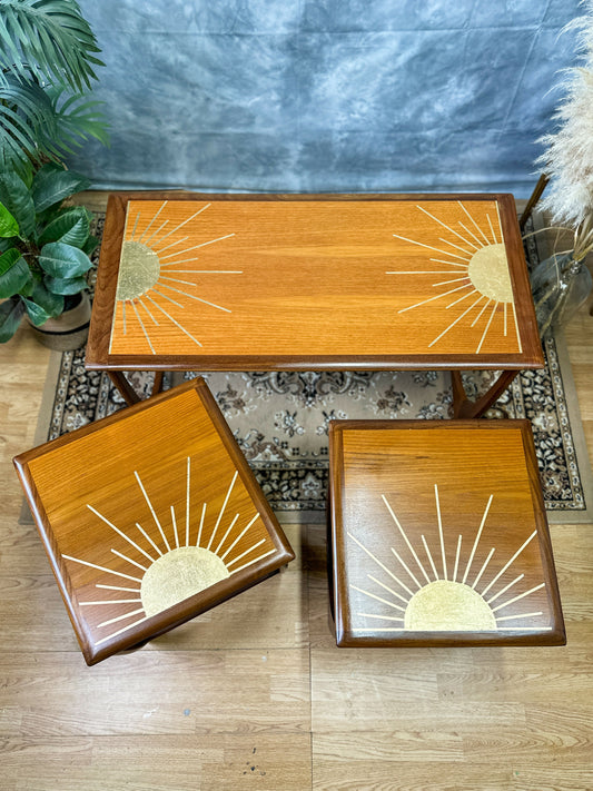 G Plan Long John Nest of 3 Tables with Gold Leaf Sunburst Design - Mid Century Modern