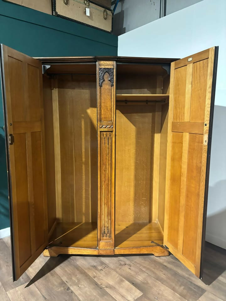 Vintage Jacobean Style Carved Medium Oak ladies Wardrobe