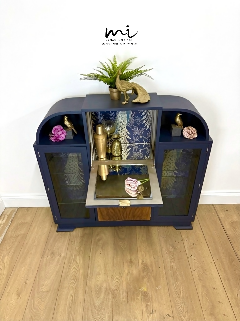 Art Deco refinished walnut cocktail cabinet, navy blue, champagne gold, vintage drinks cabinet, glass display cabinet, sideboard