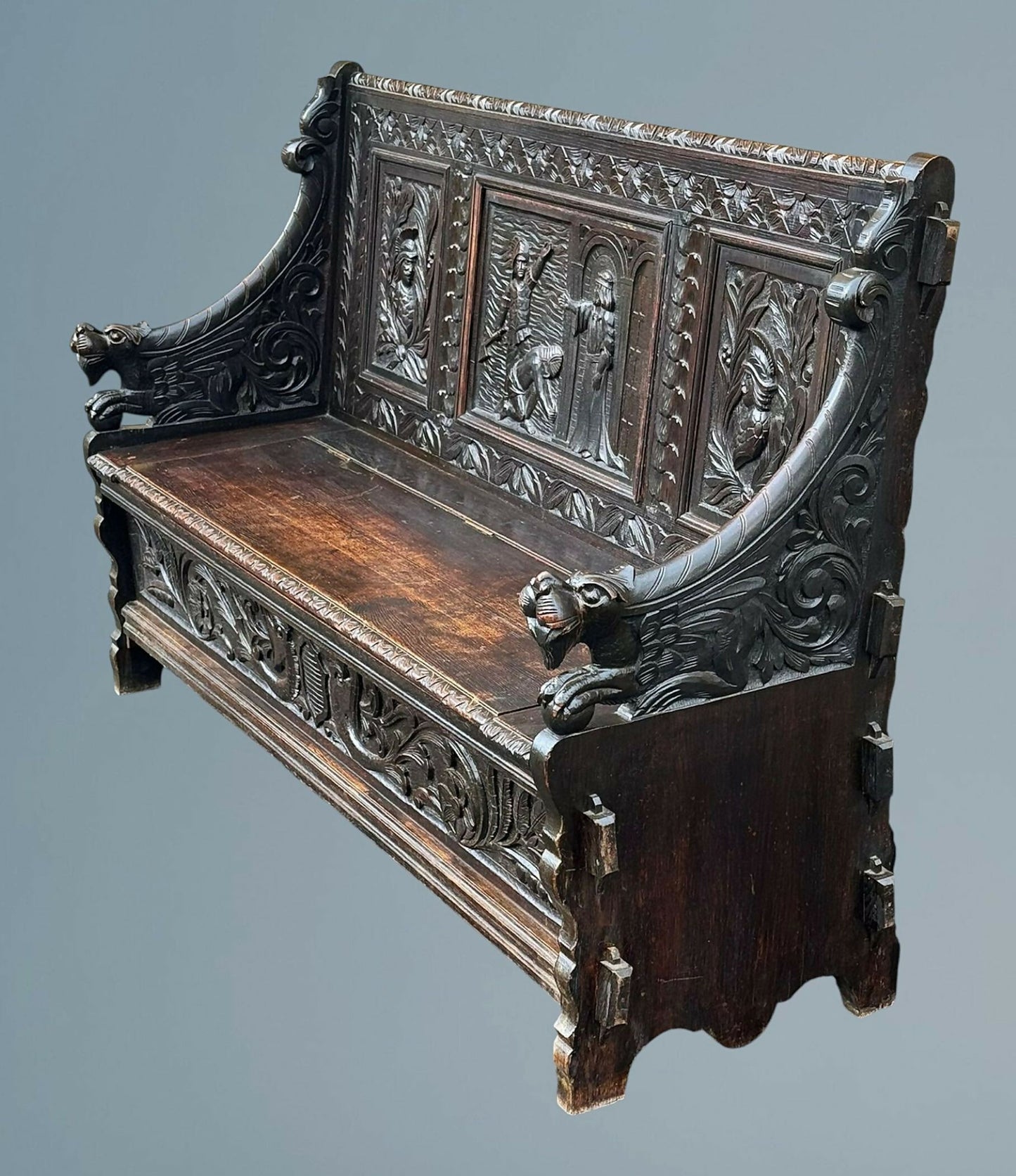 A Late Victorian Carved Oak Box Settle / Hall Bench