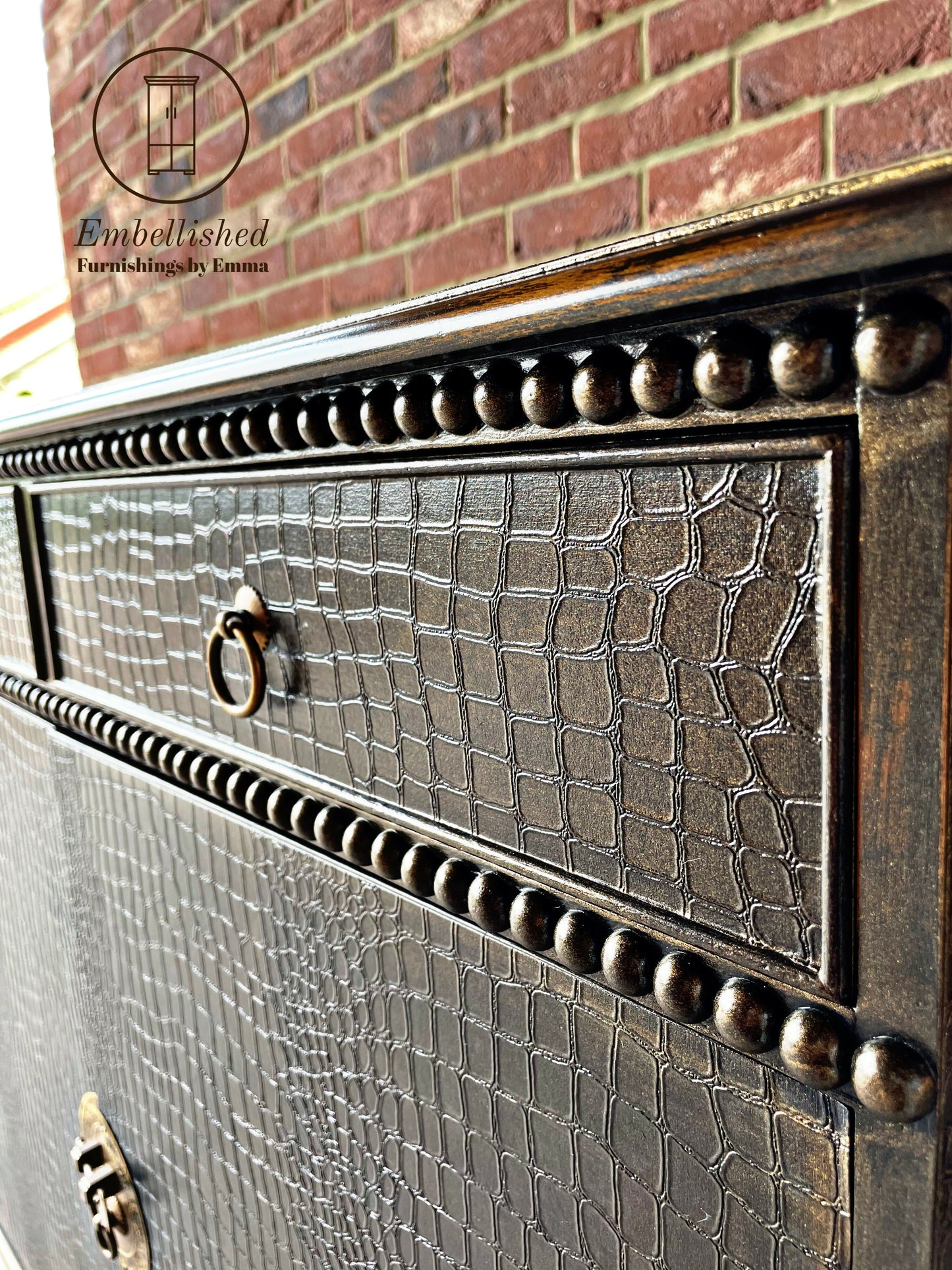 (SOLD) Statement cupboard/sideboard. Uniquely finished in faux crocodile effect and Embellished with golds