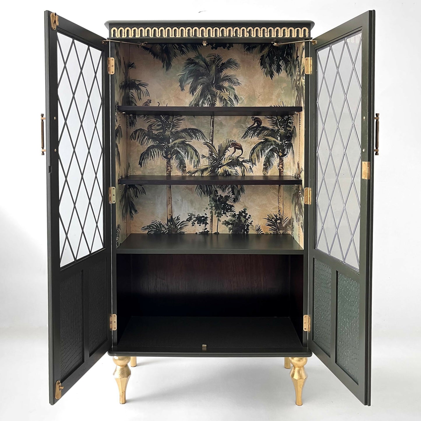 Luxury vintage display cabinet with tropical pattern touch of gold