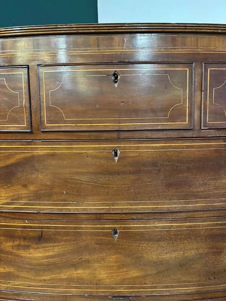 19th Century String Inlaid Bow Fronted Mahogany Chest Of Drawersb