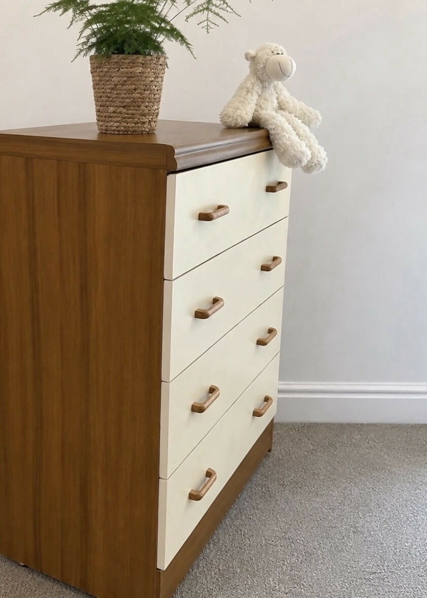 Vintage Teak Cream Bedroom Tallboy Chest Mid Century Drawers Nursery Storage