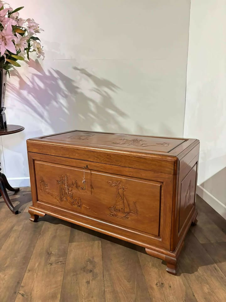 Oriental Carved Camphor Wood Blanket Box
