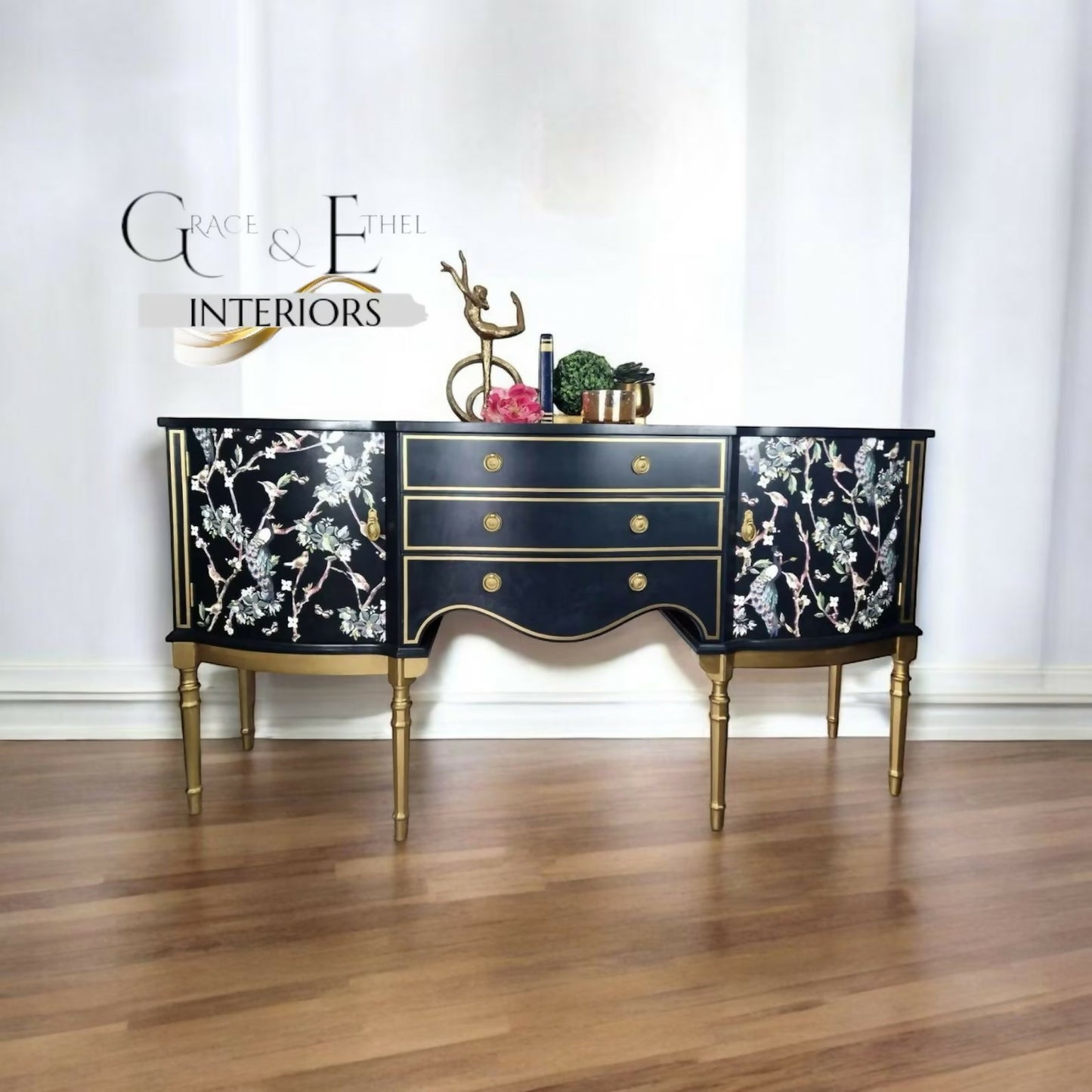 Strongbow sideboard, navy,buffet,tv stand media unit,navy furniture, decoupaged, furniture transfers, peacocks,gold,navy sideboard,statement