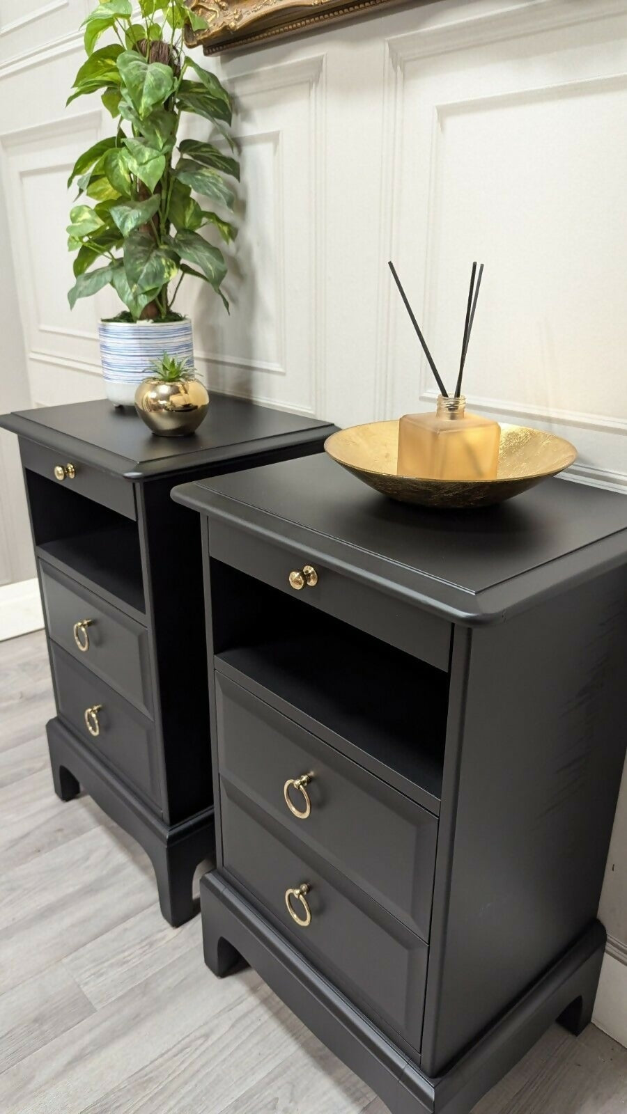 Black Stag Minstrel Pair Of 2 Drawer Narrow Bedside Tables