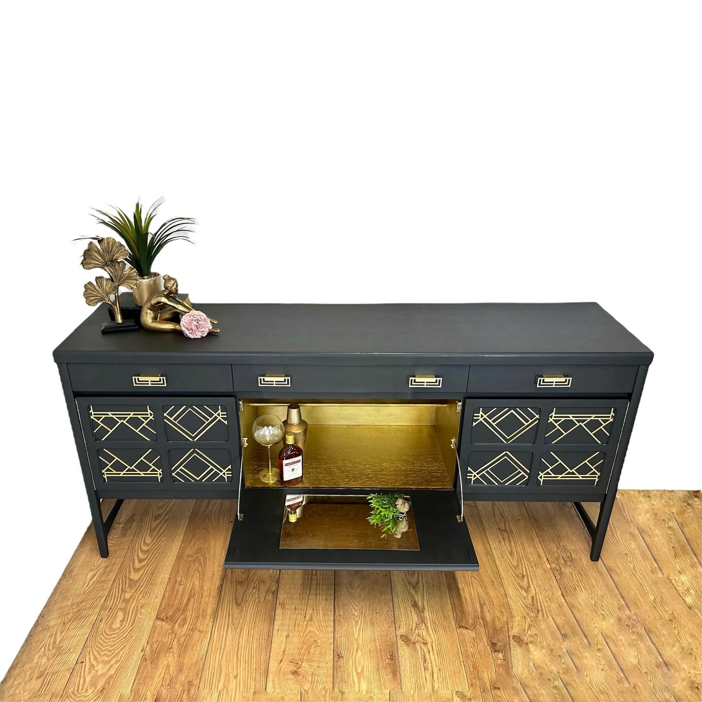 AVAILABLE NOW Large Nathan sideboard dark grey with gold art deco design, mid century drinks cabinet, cocktail cabinet, console, mid century, statement, refurbished